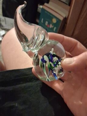 Handblown Glass Elephant Paperweight - Clear with Blue, Green & White Accent